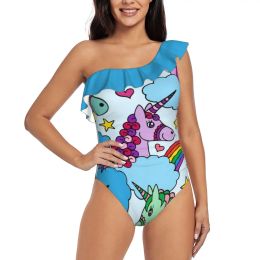 Swimwear Unicorns And Rainbows | | Magical Unicorn | | Kids One Shoulder Ruffle Swimsuit One Piece Print Swimwear Women Bathing Suit