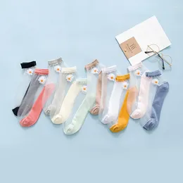 Women Socks Ultra-thin Cute Candy Color Glass Silk Comfortable Soft Elegant Sock Fashion Daisy Flower Harajuku Trend Style