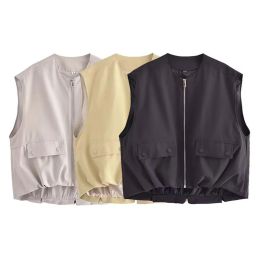 Waistcoats UNIZERA 2023 Autumn New Product Women's Fashion Versatile Round Neck Sleeveless Pleated Bottom Cotton Tank Top Vest