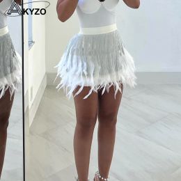 Skirts 2023 Sexy Fringe Feather Vest Skirt Set Women Solid Tank Sheath Hip Package Mini Skirts Female Party Club Tassel Outfits