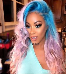 180density full side part Cosplay style Synthetic Lace Front Wig Long body wave blue ombre pink Colorful wig Heat Resistant Fiber 4048065