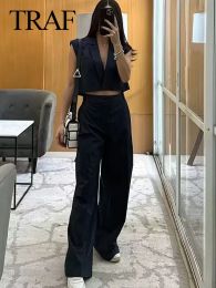 Suits TRAF 2023 Fashion Women Black Pinstripe Suit Short Vest Sleeveless Tops + Zipper High Waist Elegant Striped Loose Trousers