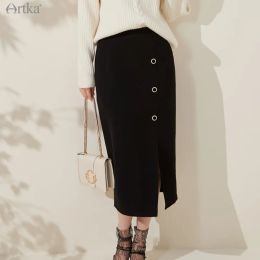 Skirt ARTKA 2021 Autumn New Women Skirt Elegant Sexy Side Spilt Knitted Skirts Elastic High Waist Black Midi Bandage Skirt QA20011D