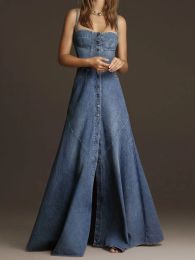 Dress Women Denim Dress Sleeveless Square Collar Sling Jean Slim Fit Long Dress Summer Elegant Female Buttons Maxi Dress Solid Robes