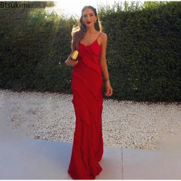 Dress 2023 Women's Ruffles Chiffon Maxi Dresses Backlesss Split Sexy Porm Dress Red Long Summer Wedding Party Dress Elegant Vestidos