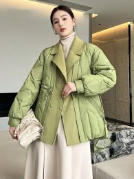 Coats 2023 Women New Korean Collar Folds Casual Vintage Down Coat Large Pockets Solid Color Original Down Coat