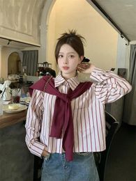 Women's Blouses 2024 Autumn French Style Striped Long Sleeved Woman Shirts With Fashion Knitted Shawl Two-piece Set Female Students Clothes