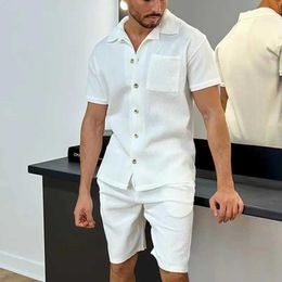 Men's Tracksuits Spring and summer two-piece mens casual solid rib short sleeved shirt set with drawstring pocket set holiday beach set J240305