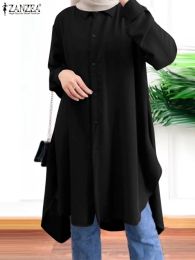 Tops Dubai Abaya Eid Kaftan Turkish Full Slleve Solid Long Shirt Muslim Tops For Women ZANZEA 2023 Lapel Neck Blouse Isamic Clothing