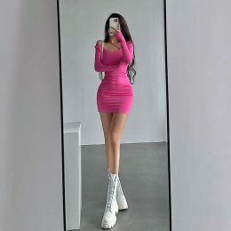 Dress Pink Spicy Girl Sexy Tight Show Slim Skew Fashion Shoulder Strap Long Sleeve Bottom Wrapped Hip Short Skirt Y2K mini dress