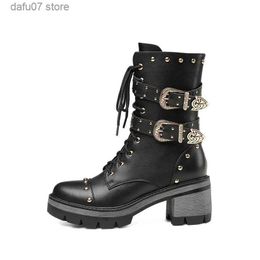 Boots Women Fall Winter Genuine Leather Black Metal Belt Buckle Mid-calf Punk Chunky Heels Zip Motorcycle ZapatosH2435