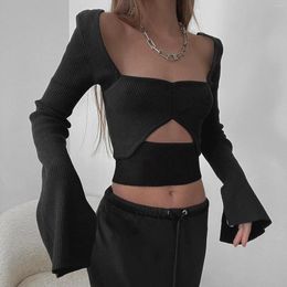 Women's T Shirts Y2K S Hollow Square Collar Slim Solid Colour Basic Exposed Umbilical Short Crop Top Long Sleeved Shirt For Women