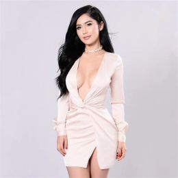 Dress Spring Summer New Fashion Lady Long Sleeve Deep VNeck Dress Sexy Girl Mini Hip Skirt Woman Party Gift Night Club Clothes Dr100