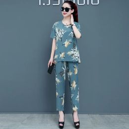 Suits Women Two Piece Sets Suit Summer Casual Loose Short Sleeve Tshirts and Harem Pants Print Woman Tops