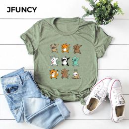 T-shirt JFUNCY 100% Cotton Summer Tshirt Cartoon Animals Print Women TShirt Short Sleeve Woman Tee Tops Female T Shirt