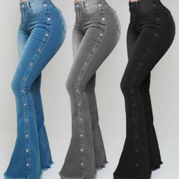 Jeans svasati elasticizzati a vita media Pantaloni denim da donna Pantaloni larghi con tasche a campana stile coreano casual a gamba larga 240305