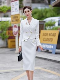 Suits Luxury Women 2 Piece Set White Blue Black Long Sleeve Blazer+Midi Skirt Office Ladies Work Wear Female Formal Skirt Suit Sets