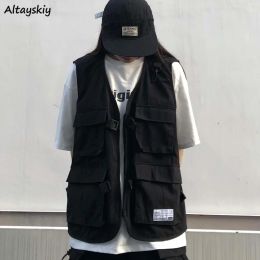 Waistcoats Women Vests Multipockets Hip Pop Couple College Loose Zipper Jackets Sleeveless Harajuku Retro BF Style Cargo Vest Casual Coats