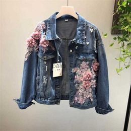 Women's Jackets Jackets Spring Autumn Jeans Coat Woman Heavy Stereo Pink Flower Embroidered Hole Denim Women Basic Coats R700 240305