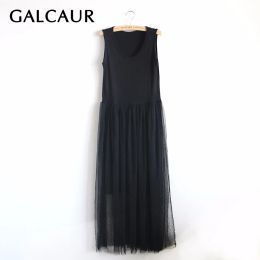 Dress GALCAUR Tulle Summer Midi Dress Vest Midi Long Beach Dresses Women Sleeveless Sexy Tunic Mesh Sundress Female Clothes Korean Big