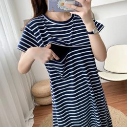 Dresses Maternity Clothe Blue Striped Nursing Breastfeeding Dress Nafas After Childbirth Short Sleeve Maternity One Piece 8874