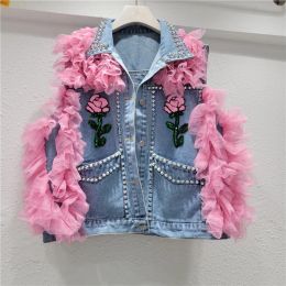 Waistcoats Women Diamonds Rivets Denim Vest Mesh Patchwork Sleeveless Jacket Sequined Embroidery Flowers Pockets Puffy Streetwear Tank Tops