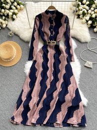 Spring Fashion Wavy Striped Lace Dress Womens Stand Collar Long Sleeve Embroidery Hollow Out Single Breasted Belt Vestidos 240221