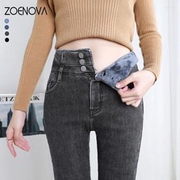 Frauen Jeans ZOENOVA Dicke Samt Frauen Hohe Taille Dünne 2024 Winter Warme Fleece Slim Stretch Damen Casual Denim Bleistift Hosen