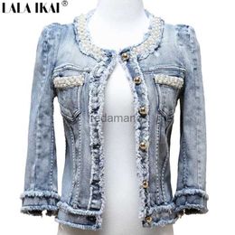 Women's Jackets Wholesale- Women Pearl Jacket Distressed Short Denim Coat Jeans Womens Jacket Denim Jackets Outerwear TOP354 -5 240305