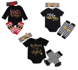 Baby Christmas Clothing Sets 5 Design Cartoon Printed Jumpsuit Kids Girls Stripe Bow Tie Headband Leg Warmer 3Pcs Outfit 02T 04222207502