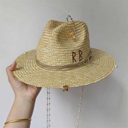 Wide Brim Hats Bucket Hats Punk Chain Straw Hat Pearl Chain DIY Jazz Hat Sun Hat New Korean Letter Hat Beach Hat Mens and Womens Punk Hat Candy Colour Sun J240305