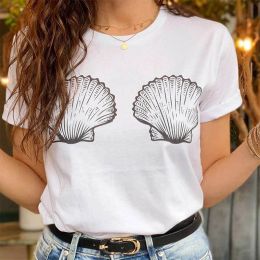 T-shirt Mermaid Sea Shell Bra Print Tshirt Women Aesthetic Boob Graphic Funny Tee Top Casual Summer Tumblr Vacay Beach Tshirt Dropship