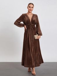Casual Dresses Womens Fall Velvet Dress Long Sleeve Deep V Neck Solid Colour A-Line Vintage Flowy