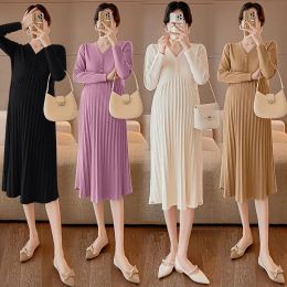 Dresses Pregnant Women's Clothes Autumn Winter Knitted Vneck Dresses Breastfeed Maternity Long Sleeve Pleated Skirt Pregnancy Wear