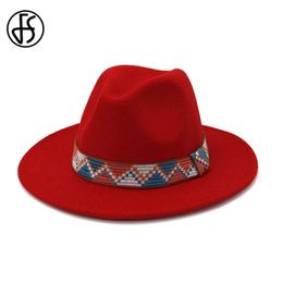 FS 2020 Wool Jazz Fedora Hats Casual Men Women With Wide Brim Ribbon Band Felt Trilby Cap White Pink Yellow Panama Hat260r