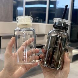 Water Bottles Ins Style Glass Bottle Time Scale Coffee Cup Double Cap Leak-proof Glasses With Lid And Straw Drinking