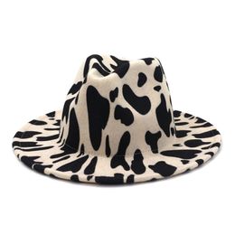 European US British Style Cow Print Jazz Felt Hat Faux Wool Fedora Hats Women Men Wide Brim Panama Party Formal Hat292H