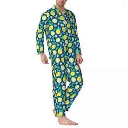 Men's Sleepwear Pyjamas Man Lemon Pattern Night Nightwear Leaves Print Two Piece Casual Pyjama Set Long-Sleeve Lovely Oversized Home Suit