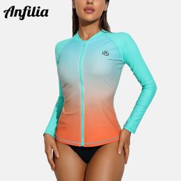 Swimwear Anfilia Women Long Sleeve Rash Guard Sun Protection Zipper Colour Block Gradient Swimsuit Top