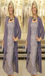 Elegant Tea Length Short Sheath Lace Mother of the Bride Dresses With Chiffon Jacket Long Sleeves Evening Dress Custom Made Mother5449585