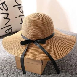 Wide Brim Hats Bucket Hats Womens straw hat wide brown flat beach hat summer sun protection hat denim style rolled up packaging Panama hat J240305