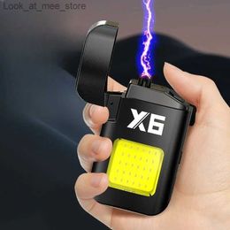 Lighters Outdoor Windproof Pulse Double Arc USB Type C Charging Light COB Illuminator Push Fire Portable Lighter Mens Small Tool Q240305