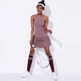 Active Dresses Tennis Suit Tennis Sports Dress Nude One-piece Yoga Clothes Pleated Skirt with Removable Chest Pad Badminton Clothing Women