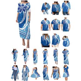 Dress Polynesian Tonga Hawaiian Fiji Guam Samoan Pohnpei Tribal Tattoo Blue Prints Couple Clothes Suits Women Dress Matching Men Shirt