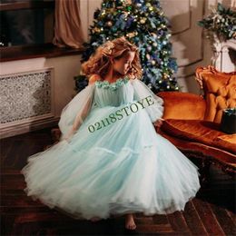 Girl Dresses Light Blue Flower Dress Wedding Party Tulle Skirt Ruffled Princess Ball Gown Over Flowing Floral Kids Cosplay