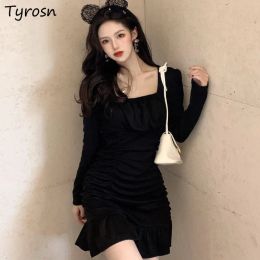 Dress Dresses Women Minimalist Pure Design Slim Sexy Mini Vestidos Korean Style Folds Casual Temperament Hot Girls Sweet Retro Fashion