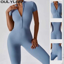 Women's Tracksuits Ouleylan Short sleeved Yoga Set Womens Bodysuit Zipper Gym Push Up Sports Suit Fitness Suit Sports Suit J240305