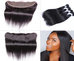 Brazilian Straight Human Virgin Hair Weaves with 13x4 Lace Frontal Ear to Ear Full Head Natural Color6052666