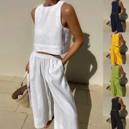 Suits 2023 Casual Summer Two Piece Set Women Outfit White Solid Loose Tank Crop Top Wide Leg Pants Suits Chic Elegant fashion blouse