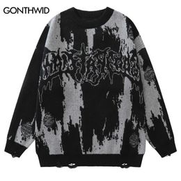Hip Hop Ripped Sweaters Grunge Y2K Vintage Knitted Punk Gothic Streetwear Jumpers Men Women Harajuku Fashion Pullover 240228